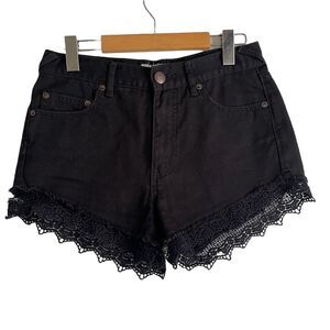 Free People Shorts Black Mid-Rise Denim with Boho Lace Fringe Size 25